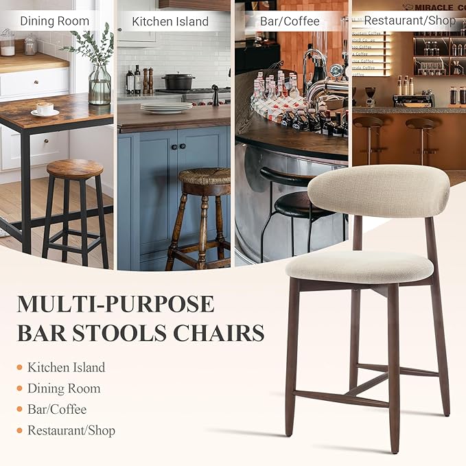 Upholstered Counter Height Bar Stools Set of 6, Kitchen Island Stools with Back, Modern Counter Stools Island Bar Chairs with Wood Legs for Kitchen Island Dining Room Bar, Beige
