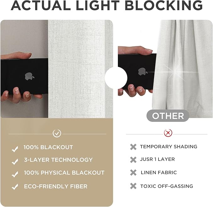 Joydeco 100% Blackout Curtains for Bedroom - Natural Linen Curtains 52" W x 72" L, Thermal Insulated 2 Panels White Light Blocking Drapes, Rod Pocket & Back Tabs, Darkening Privacy for Living Room