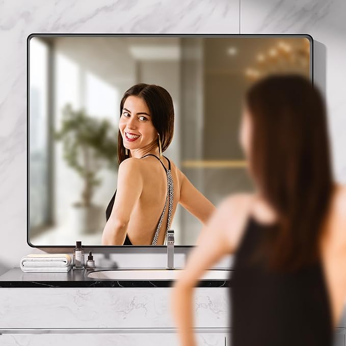Hasipu Black Bathroom Mirror for Wall, 48 x 36 Inch Metal Framed Bathroom Mirrors for Over Sink, Rectangle Bathroom Vanity Mirror, Anti-Rust, Tempered Glass, Horizontal or Vertical