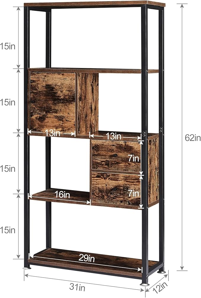 VECELO 5-Tier Bookshelf,Bookcase with 2 Storage Drawers and 1 Cabinet, Wooden Shelf with Metal Frame Open Book Shelves Standing Shelf Unit for Living Room, Bedroom,Office