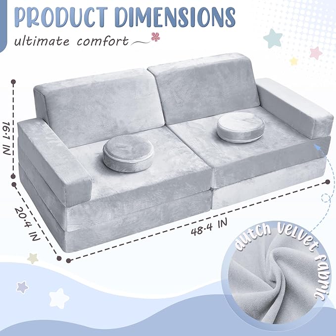 10Pcs Kids Play Couch,Toddler Sofa,Modular Kids Couch for Playing, Creativing, Sleeping (Grey)
