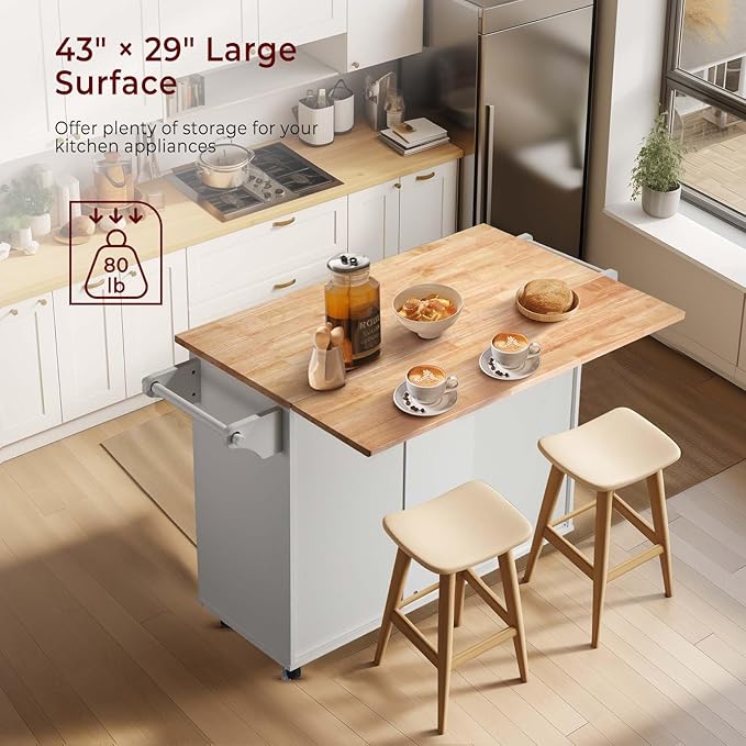 54" Rolling Kitchen Island Cart with Storage, Large Kitchen Cart Cabinet with Folding Drop Leaf Breakfast Bar, Wood Island Table with 3 Drawers and Spice Rack & Towel Rack, White