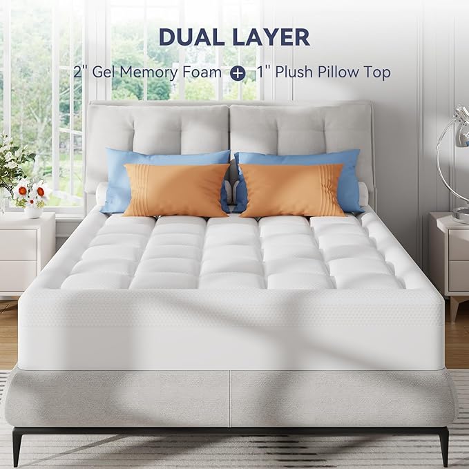 ELEMUSE Full XL Dual Layer 3 Inch Memory Foam Mattress Topper, 2 Inch Cooling Gel Memory Foam and 1 Inch Thick Soft Pillow Top Mattress Pad Cover for Back Pain Relief, Side Sleep Bed Topper