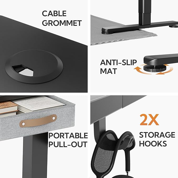Seang Standing Desk with Drawer, 40" x 24" Height Adjustable Stand Up Desk, 3 Memory Height Settings with Cable Grommets & Storage Hooks, Ideal for Home & Office, Black