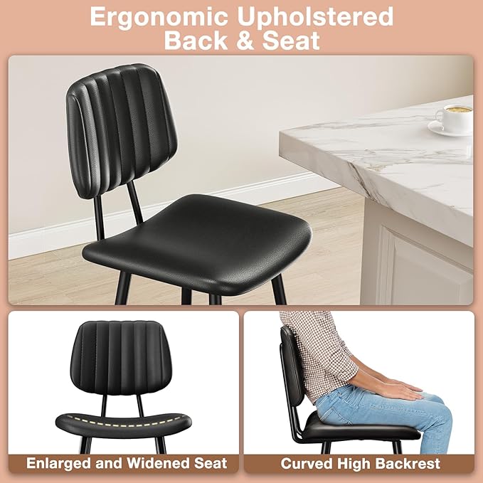 24-Inch Leather Bar Stools Set of 2, Counter Height Barstools with High Backrest，Bar Chairs for Kitchen Island with Heavy Duty Metal Legs, Black