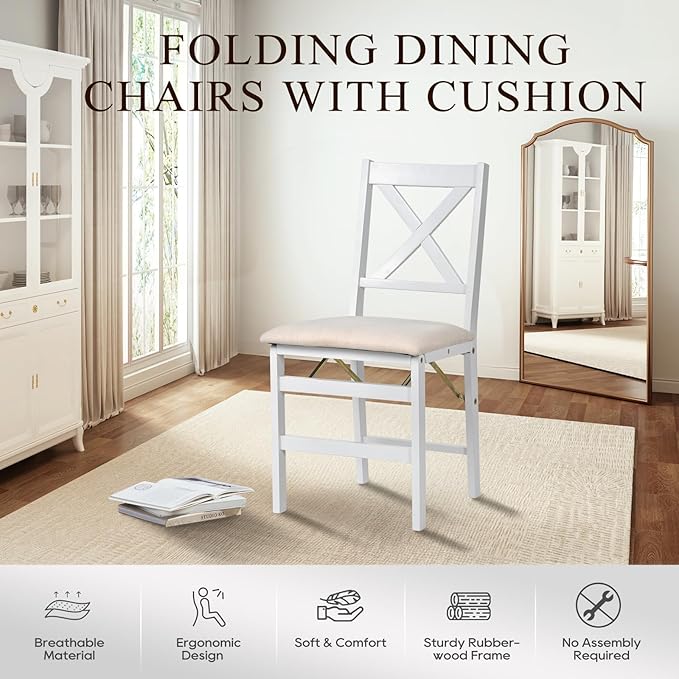 COLAMY Folding Dining Chairs Set of 6 – White Wooden Dining Room Chairs for Small Spaces, Pre-Assembled, Space Saving Kitchen & Dining Room Furniture, Indoor Outdoor Use