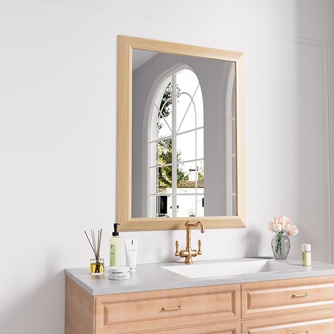 Amorho Bathroom Mirror, 28 X36 Inch Wall Mirror, Oak Wood Grain Metal Framed, Anti-Rust, Hang Horizontally/Vertically, Suitable for Bedroom, Farmhouse, Bathroom, Decorative