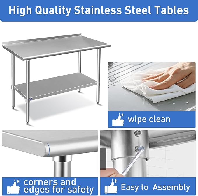ROCKPOINT Stainless Steel Table for Prep & Work with Backsplash 18x24 Inches, NSF Metal Commercial Kitchen Heavy Duty Table with Adjustable Under Shelf and Table Foot for Restaurant, Home and Hotel