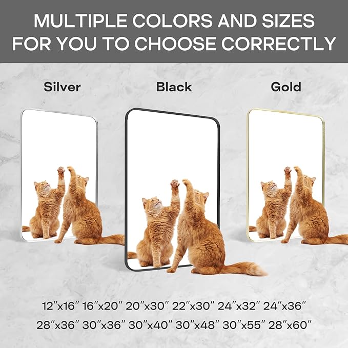 Wall Mount Mirror for Bathroom, Brushed Silver Metal Framed Rounded Corner Square Rectangular Vanity Mirror (24" x 30", Silver)