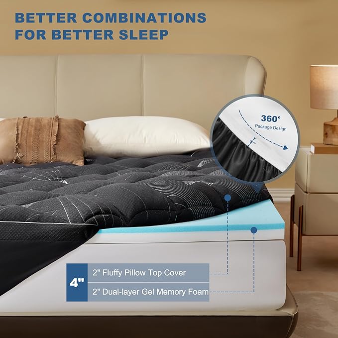 Bedlore 4-Inch California King Mattress Topper for Back Pain - Dual Layer Medium Support (2" Gel Memory Foam + 2" Cooling Fluffy Pillow Top Pad), Breathable & Pressure Relief (Gray)