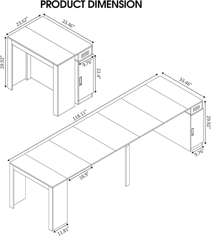 Expandable Dining Table, Convertible Table for Dining Room, Kitchen and Small Spaces, for 2-10 People(with Storage Cabinet and Outlet), Black