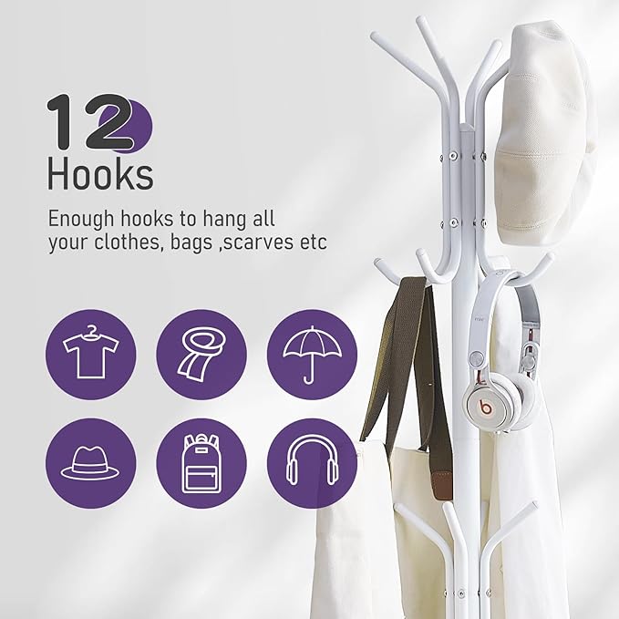 Coat Rack Freestanding Entryway Hanger Stand, Umbrella Holder, Hall Tree With 12 Hooks, Floor Standing Metal Tree Stand, White