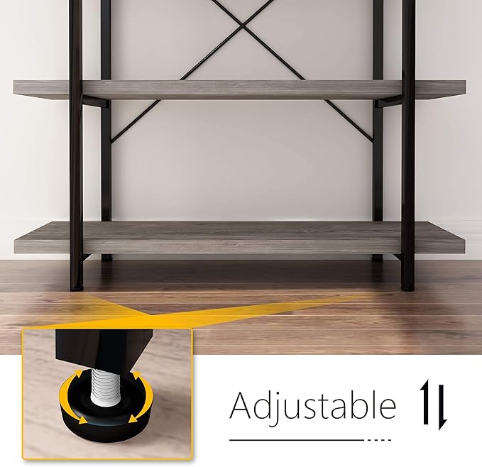 45MinST 4-Tier Vintage Industrial Style Bookcase/Metal and Wood Bookshelf Furniture for Collection, Gray Oak, 3/4/5 Tier (4-Tier)