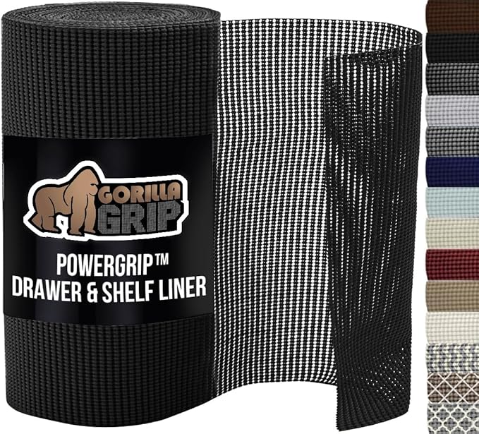 GORILLA GRIP powerGRIP Drawer Shelf and Cabinet Liner, Thick Strong Hold, Non-Adhesive Liners Protect Kitchen Cabinets and Cupboard, Bathroom Drawers, Easy Install, Breathable Mat, 17.5" x10', Black
