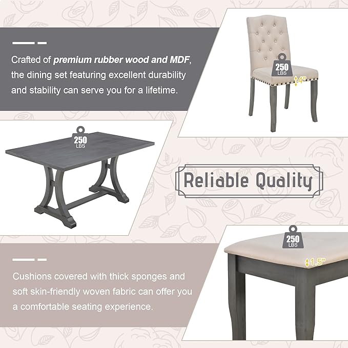 Ball & Cast Dining Table Set for 6, 60" Rectangular Dining Room Table with 4 Upholstered Chairs and 1 Bench, 6-Piece Farmhouse Dining Furniture Set with Solid Wood Legs for Kitchen,Antique Gray