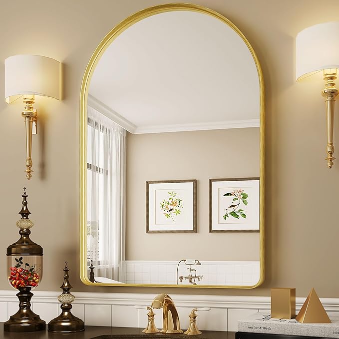 Suidia 24" x 36" Bathroom Mirror, Bathroom Vanity Mirror Metal Framed, Wall-Mounted Mirrors for Bedroom, Living Room, Entryway, Hallway, Gold, Arch Style