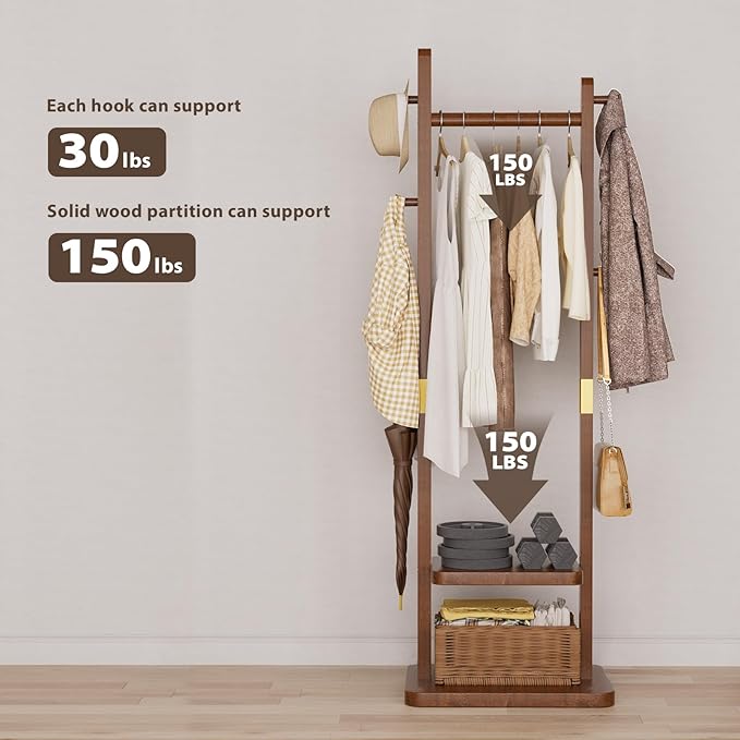 Solid Wood Coat Rack Clothes Rack, Coat Rack Freestanding with 2 Shelves and 5 Hooks, Heavy Duty Coat Tree for Entryway, Living room, Coat Hanger Stand for Hats, Bags Clothes(Walnut Brown)