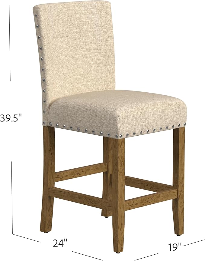 HomePop Home Decor | Nailhead Trim Counter Height Bar Stools | 24 Inch Bar Stools | Decorative Home Furniture (Flax Tan)