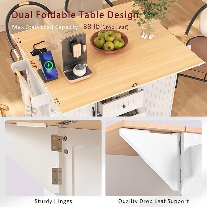 56" Large Kitchen Island with 2 Drop Leafs,Rolling Kitchen Cart on 5 Wheels W/Power Outlet & 3 Drawers,Folding Storage Dining Table W/Spice & Towel Racks,for Kitchen,Dining Room,White