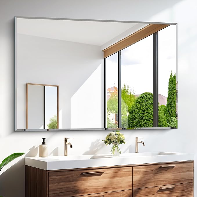 55x36 Large Beveled Mirror, Frameless Beveled Bathroom Mirrors for Over Sink, Upgraded Shatterproof Beveled Frameless Vanity Mirror for Bathroom,Bedroom,Living Room and Entryway