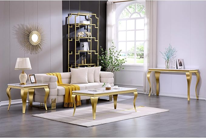 Gold End Table Set of 2, Modern White Living Room Side Table with Gold Metal Cabriole Legs, Square End Table for Sofa Couch, Living Room, Bedroom, Office
