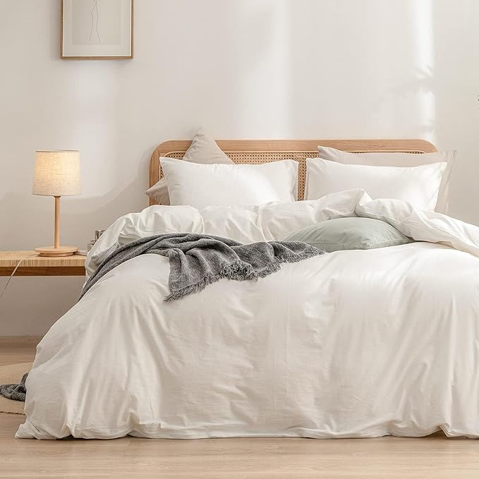 BESTOUCH Duvet Cover Set 100% Washed Cotton Linen Feel Super Soft Comfortable Chic Lightweight 3 PCs Home Bedding Set Solid Off White Oversized Full