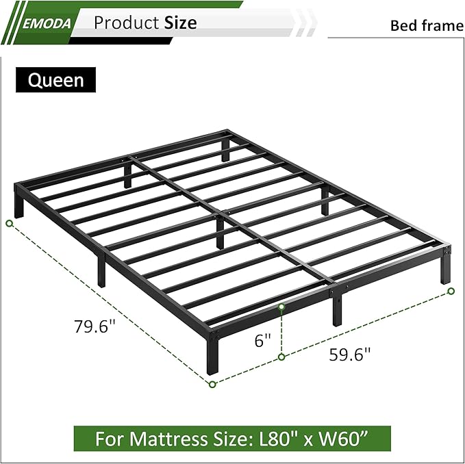 EMODA Queen Bed Frame No Box Spring Needed 6 Inch Heavy Duty Metal Platform BedFrame Queen Size with Steel Slats, Easy Assembly, Black