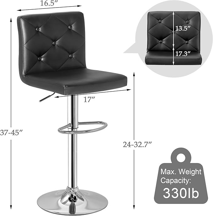 VECELO Adjustable Bar Stools with Back, Bar Height Stools for Kitchen Counter, Bar Stools Set of 2, X-Large Size, 17.3" D x 16.5" W x 45" H, Black