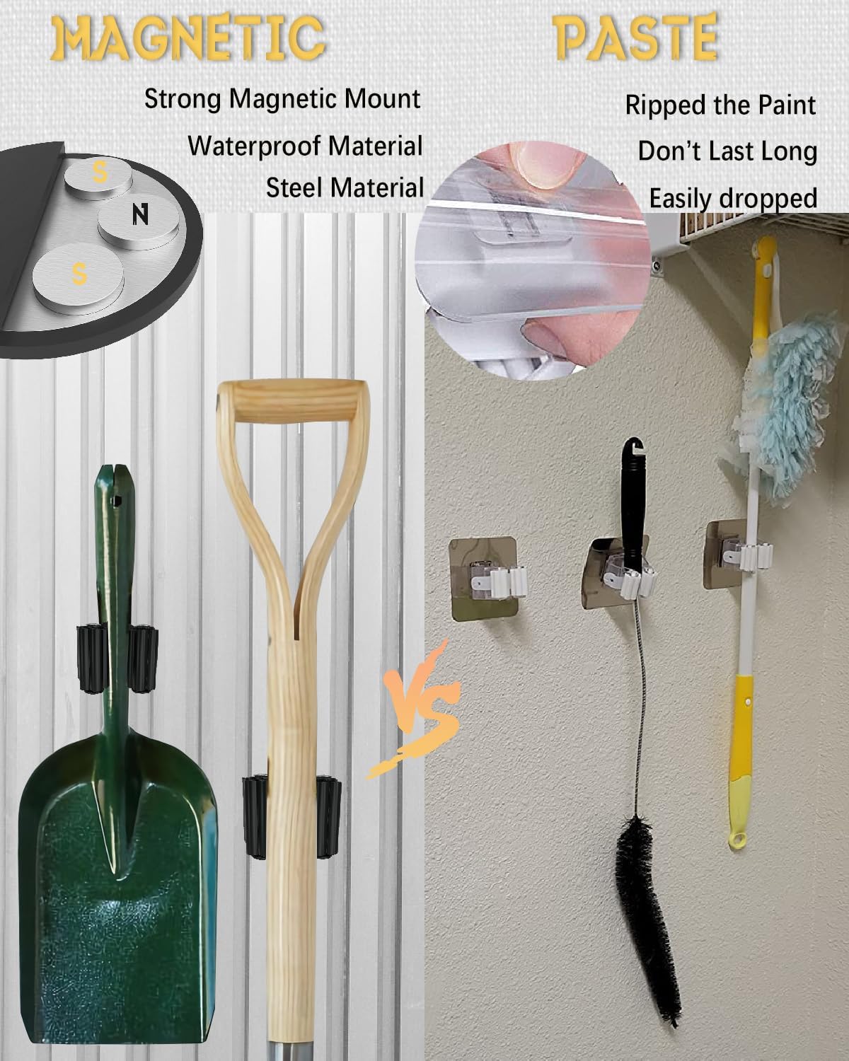 Magnetic Mop Holder, No Drilling Black Steel Magnetic Tool Mount for Home, Kitchen, Laundry, Garage, Workshop - 2 Pack/Black