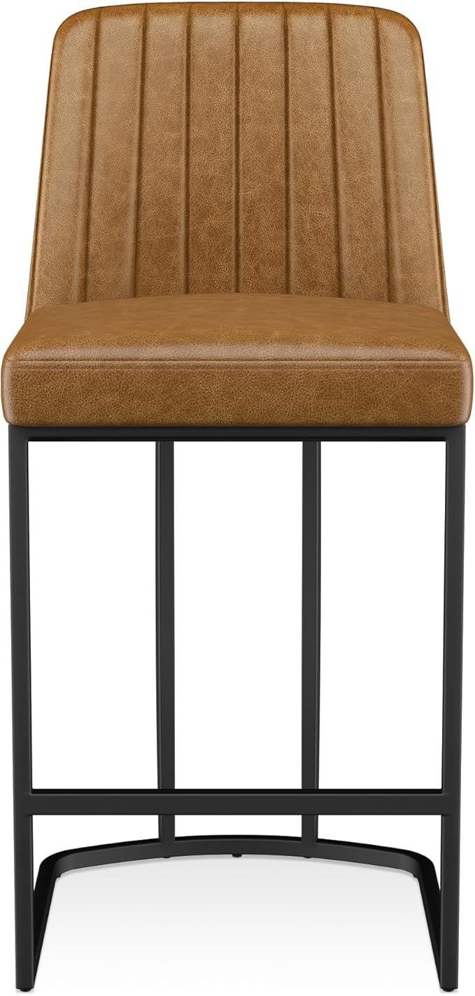 Bar Stools Set of 6, Faux Leather Counter Height Barstools, Upholstered Kitchen Counter Stools with Back and Stitching, 25.6" H Kitchen Island Stools Bar Chair, Metal Framed, Whisky Brown