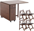 Walnut Drop Leaf Folding Dining Table with 2 Drawers and 4 Wheels, Wooden Padded Chairs Set of 2, Space Saving Dining Table with 4 Chairs