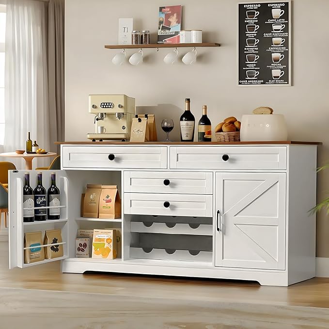 Modern Buffet Cabinet with 4 Drawers, 2 Doors & Adjustable Shelf, Large Sideboard Cabinet with Wine Rack, Kitchen Storage Cabinet for Kitchen, Living Room,Coffee Bar, White