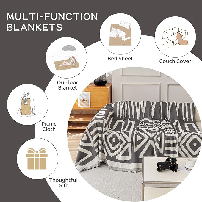 STACYPIK Dark Grey Chenille Couch Covers, Boho Sofa Covers for 2 Cushion Couch, Loveseat Couch for Sectional, Non Slip Couch Cover Tassels for L-Shaped, Multi-Use Jacquard Decorative Blanket-71X118IN