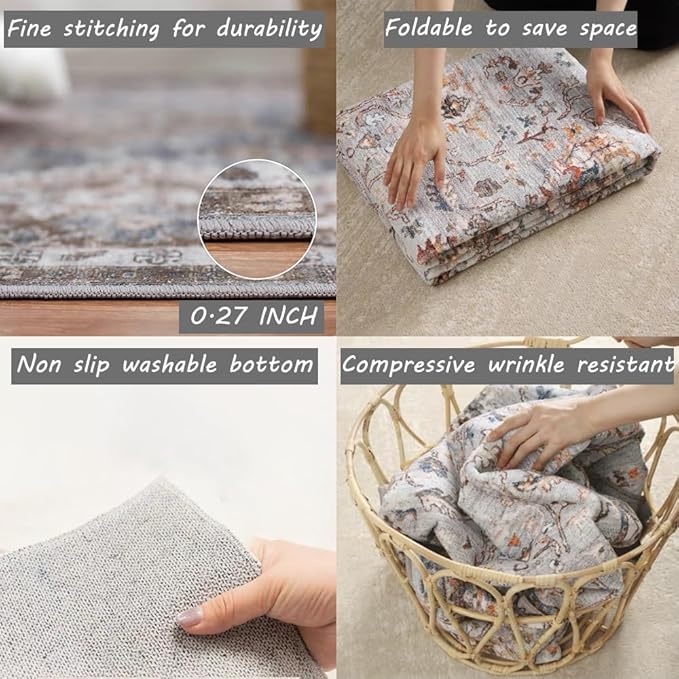 Washable Area Rug 4x6 Rugs for Living Room Retro Flowers Machine Non-Slip Bedroom Rug Vintage Trellis Throw Rug Distressed Carpet for Dining Room Office Carpet