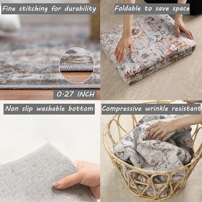 6x9 Washable Area Rug Boho Chic Medallion Distressed Design Non-Shedding Easy Care Ideal for High Traffic Areas in Living Room Bedroom Office Kitchen Coffee Table Large Carpet