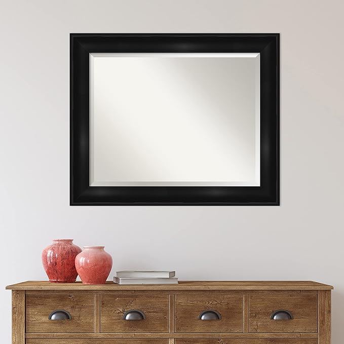 Amanti Art Black Bathroom Mirror for Over Sink, 28x34 Grand Black Rectangle Vanity Mirror, Large Casual Frame, Hangs Horizonally and Vertically, Bathroom Wall Decor, Beveled Edge