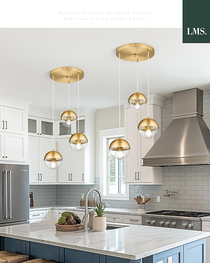 LMS Brushed Gold 3-Light Cluster Pendant Lights, Modern Dining Room Light Fixtures Over Table with Clear Globe Glass, Adjustable Hanging Cord Ceiling Light for Dining Room Kitchen Island, LMS-186BGC3