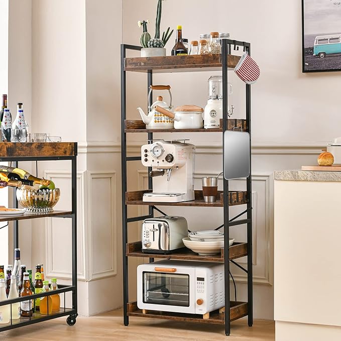 HCHQHS Adjustable 5 Tier Open Bookcase, Rustic Farmhouse Book Shelves, Industrial Wood and Black Metal Bookshelves, Mid Century Bookcase for Home Office Living Room Bedroom