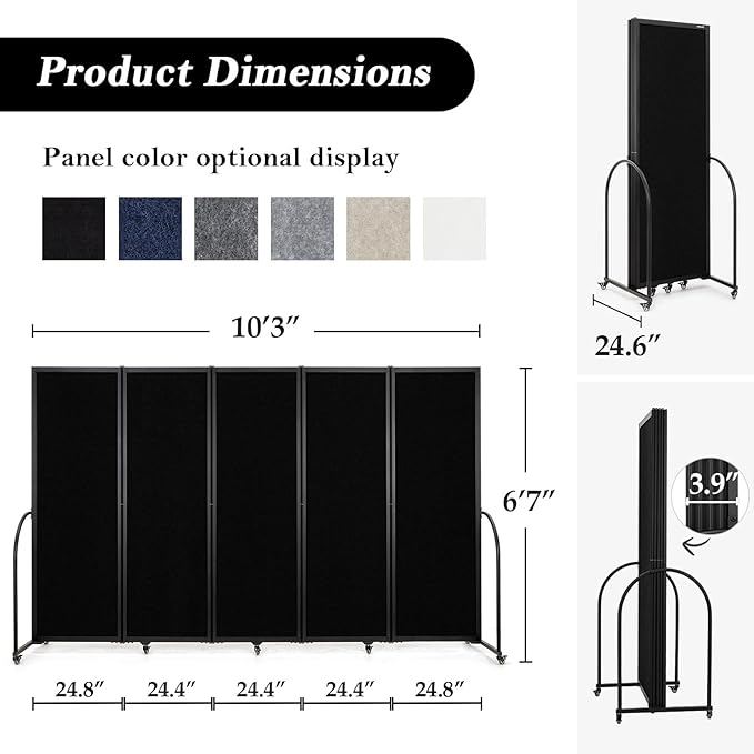 Folding Room Partition,Privacy Room Screen with Arms,Office Dividers Partition Wall,10'2"L* 6'7"H,Black