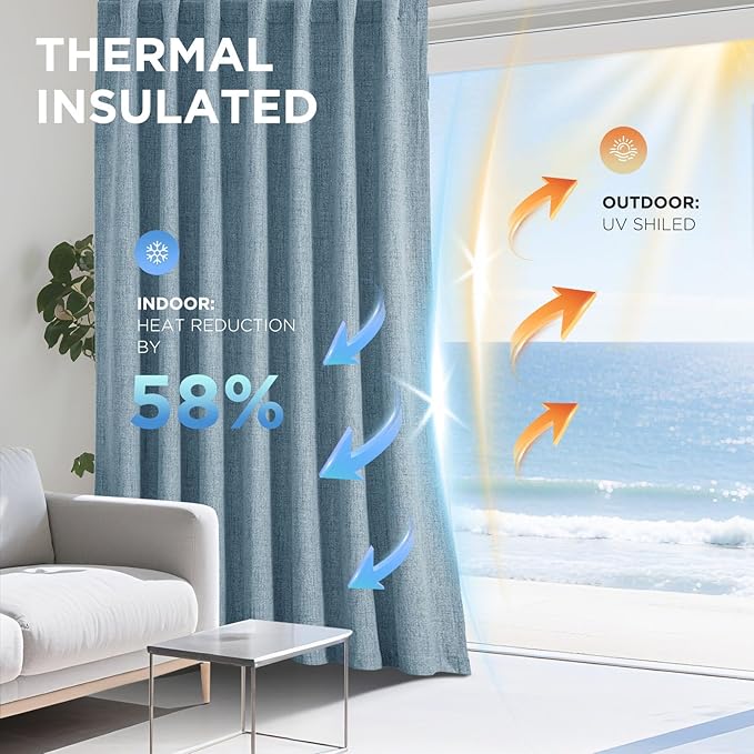 Joydeco 100% Blackout Curtains for Bedroom - Natural Linen Curtains 72" L Long, Thermal Insulated 2 Panels Sky Blue Light Blocking Drapes, Rod Pocket & Back Tabs, Darkening Privacy for Living Room
