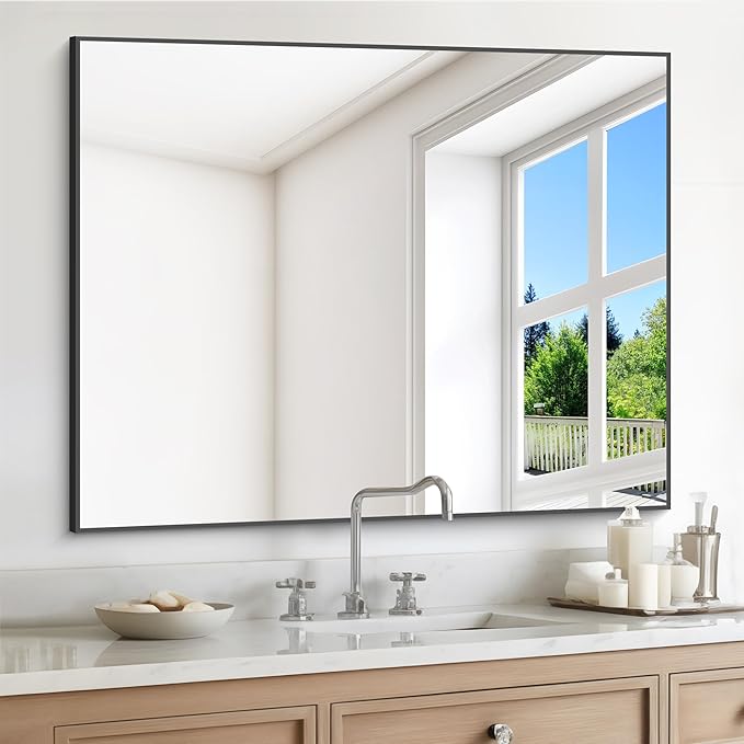 Black Bathroom Mirror for Wall, 30x36 Inch Rectangle Mirrors with Metal Frame, Modern Vanity Wall Mirror Decor for Entryway Hangs, Bathroom Living Room Horizontal or Vertical