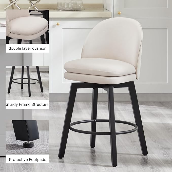 Counter Height Barstools 26 inch Upholstered Swivel Bar Stools with Back and Wood Legs for Kitchen Island,Set of 1,Beige Fabric-Armless