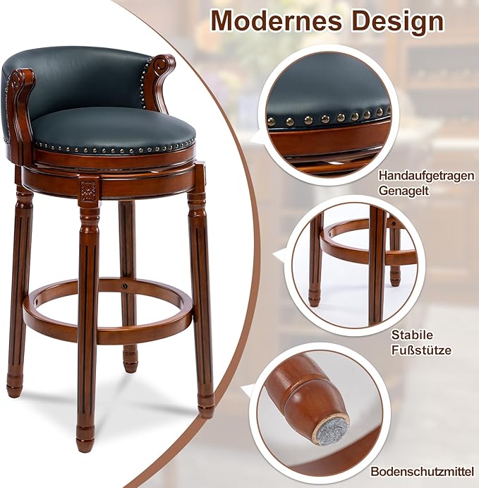 CozyRain Bar Stools Rubber Wood Counter Height Bar Stool Leather Upholstered Swivel Barstools with Back & Footrest for Home,Kitchen,Counter,Dining Room (Navy Blue, Seat Height 29.5 in)