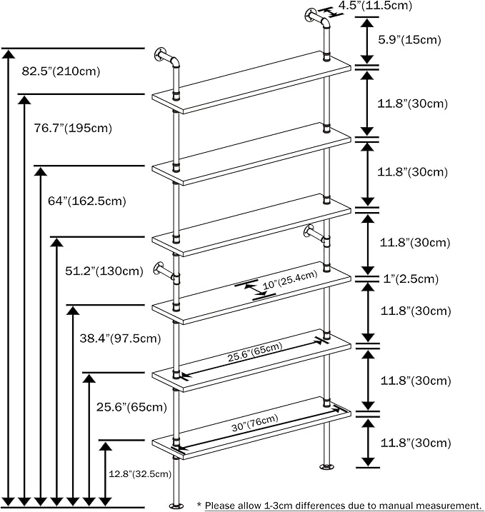 Pipe Industrial Shelves, Wall Mounted Wood Metal Ladder Rustic Bookshelf (Walnut Color, 6 Tier - 10" D x 30" W x 82.5" H)