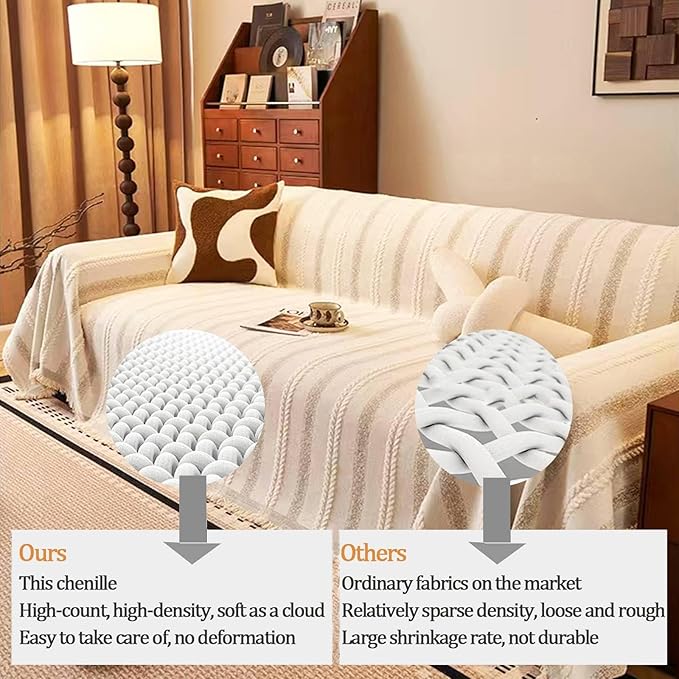 Couch Cover for Dogs Washable Sofa Cover, Sectional Couch Covers, Sofa Covers for 2 Cushion Couch, Non Slip Stripe Sofa Slipcovers Furniture Protector, Couch Protector from Cat Claws, Beige,75''x118''