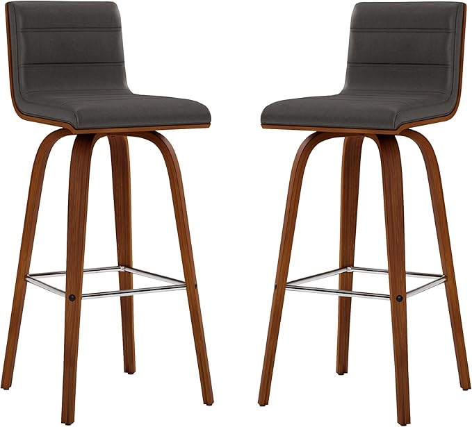 Vienna 30" Swivel Bar Stool in Walnut Wood Finish with Gray Faux Leather - Set of 4