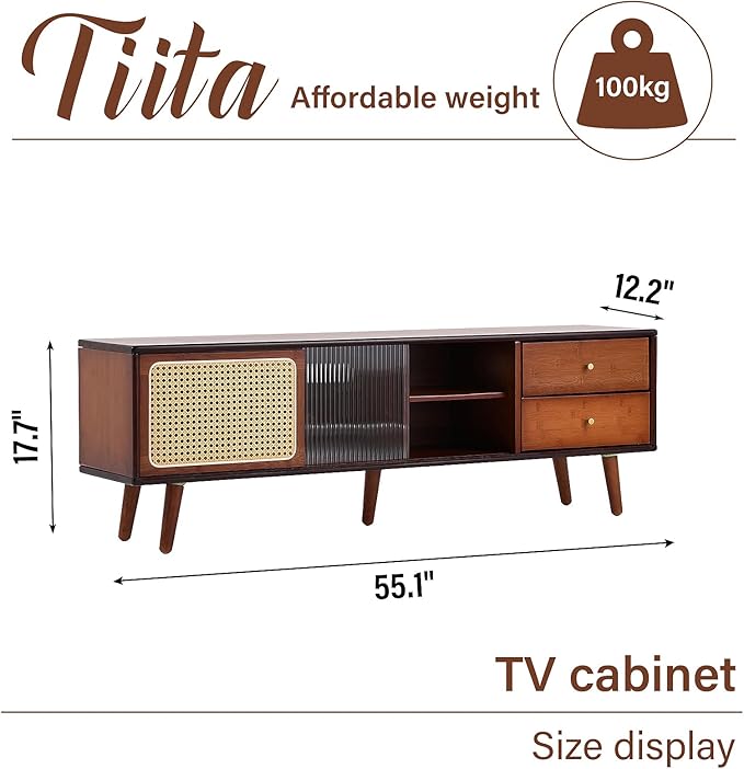 Tiita Rattan TV Stand for 55 65 Inch TV, Bamboo TV Cabinet with 2 Drawers, Boho Entertainment Center with Adjustable Shelf, Mid Century Modern Media Console for Bedroom, Living Room, Walnut