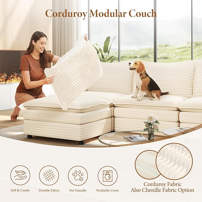 Vesgantti 108" Modular Sectional Sofa, Comfy Cloud Couch with Movable Ottoman Deep Seat Corduroy L Shaped Modular Sofa, Sectional Couches for Living Room, Bedroom and Apartment, Beige