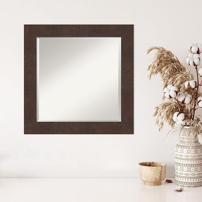 Amanti Art Brown Wall Mirror 25x25 Wildwood Brown Square Bathroom Mirror for Wall Decor Living Room, Medium Rustic Farmhouse Frame, Hangs Horizonally and Vertically, Bathroom Decor, Beveled Edge