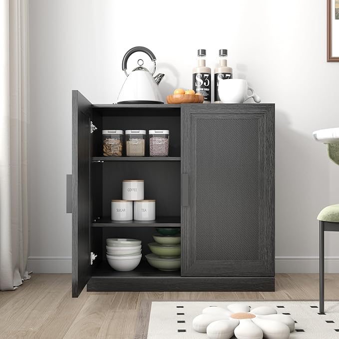 Buffet Cabinet, 2-Doors Sideboard Cabinet with Rattan Panels, Buffet Console Accent Table for Hallway Entryway Dining Room, 31", Black